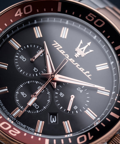 Maserati SFIDA Chronograph Black Dial Two Tone Steel Strap Watch For Men - R8873640009