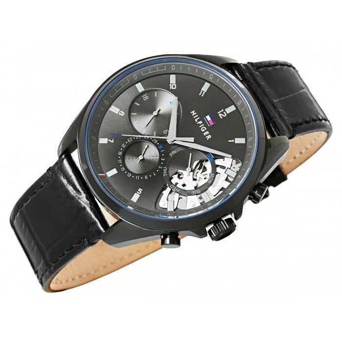Tommy Hilfiger Baker Chronograph Black Dial Black Leather Strap Watch For Men - 1710452