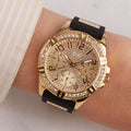 Guess Frontier Diamonds Gold Dial Black Rubber Strap Watch For Women - W1160L1