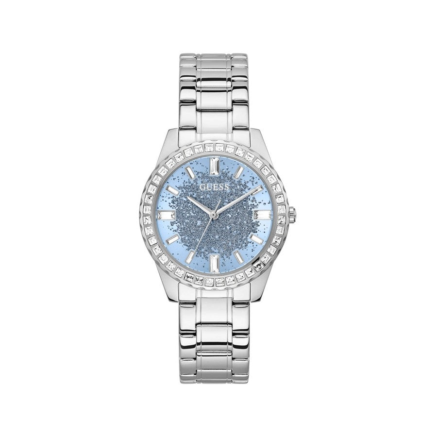 Guess Glitter Burst Diamonds Blue Dial Silver Steel Strap Watch for Women - GW0405L1