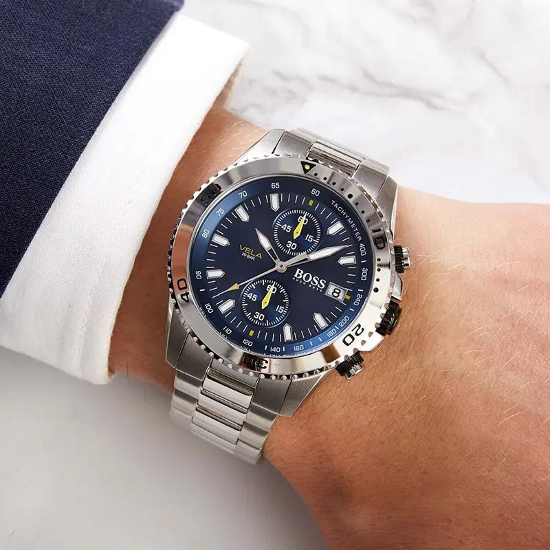 Hugo Boss Vela Chronograph Diver Blue Dial Silver Steel Strap Watch for Men - 1513775