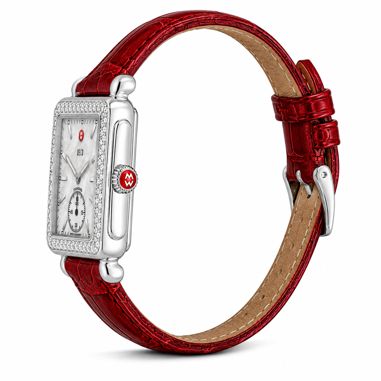 Michele Deco Mother of Pearl Dial Red Leather Strap Watch For Women - MWW06V000007