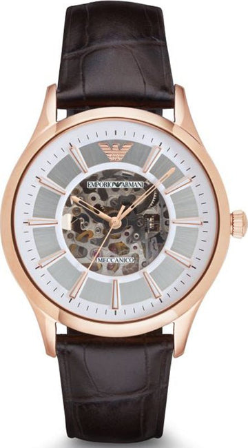 Emporio Armani Epoca White Skeletal Dial Black Leather Strap Watch For Men - AR2073