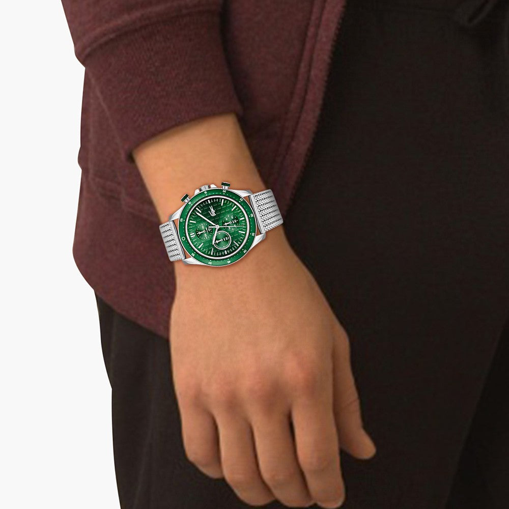 Lacoste Neoheritage Chronograph Green Dial Silver Steel Strap Watch for Men - 2011255