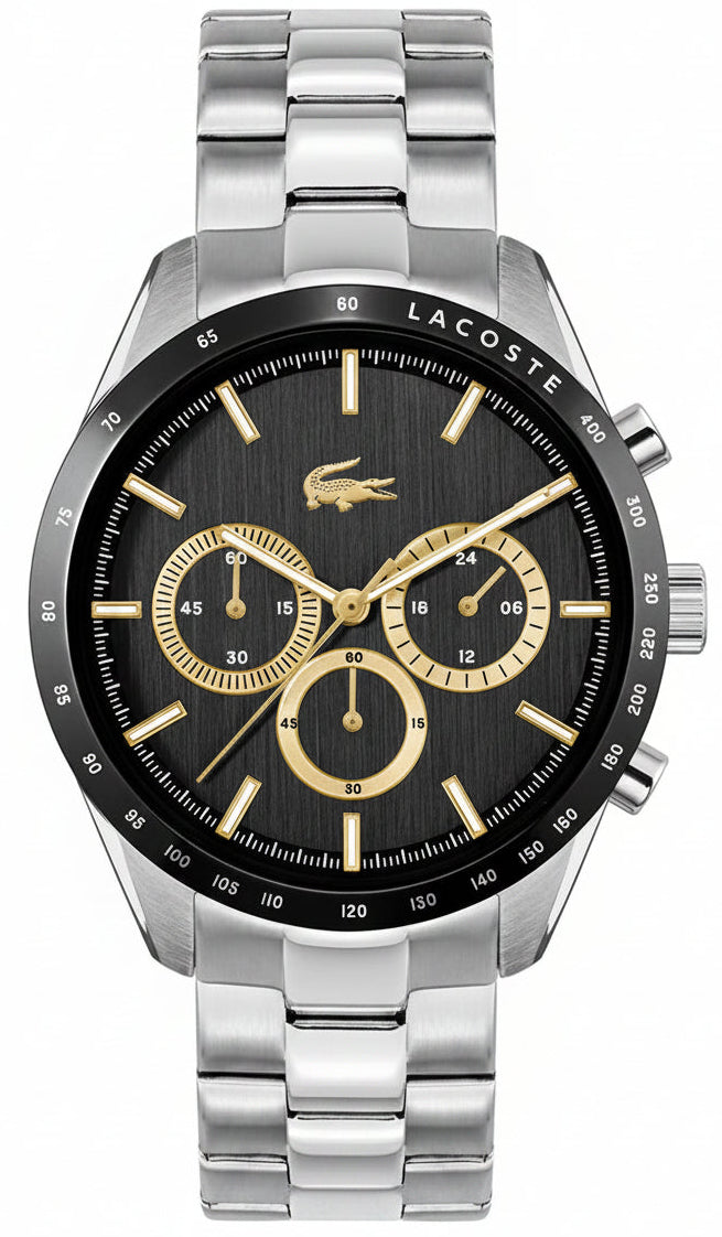 Lacoste Boston Chronograph Black Dial Silver Steel Strap Watch for Men - 2011272