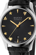 Gucci G Timeless Automatic Black Dial Black Leather Strap Watch For Women - YA126469