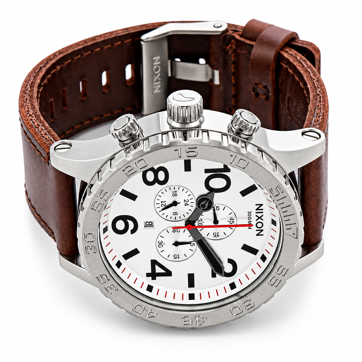 Nixon 51-30 Chronograph Silver Dial Brown Leather Strap Watch for Men - A124-1113