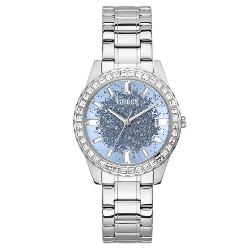 Guess Glitter Burst Diamonds Blue Dial Silver Steel Strap Watch for Women - GW0405L1