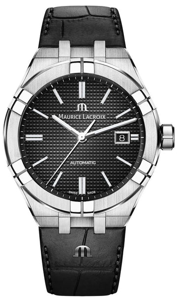 Maurice Lacroix Aikon Date Automatic Black Dial Black Leather Strap Watch For Men - AI6008-SS001-330-1