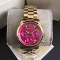 Michael Kors Runway Iridescent Pink Dial Gold Steel Strap Watch for Women - MK5939