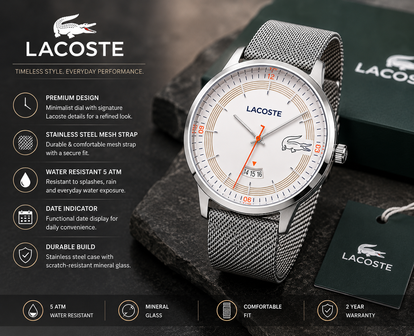 Lacoste Madrid White Dial Gray Leather Strap Watch for Men - 2011031