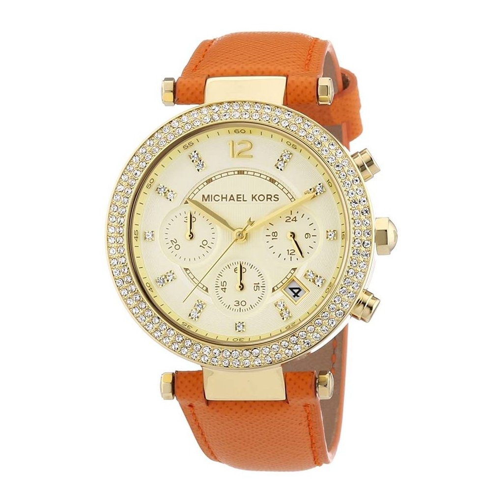 Michael Kors Parker Champagne Dial Orange Leather Strap Watch for Women - MK2279