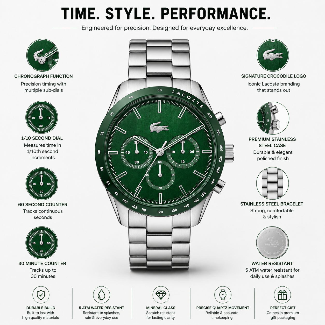 Lacoste Boston Chronograph Green Dial Silver Steel Strap Watch for Men - 2011080