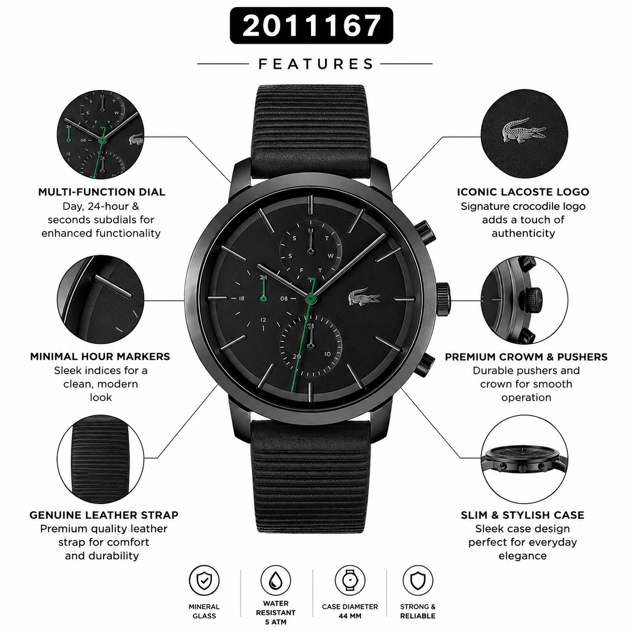 Lacoste Replay Chronograph Black Dial Black Leather Strap Watch for Men - 2011177