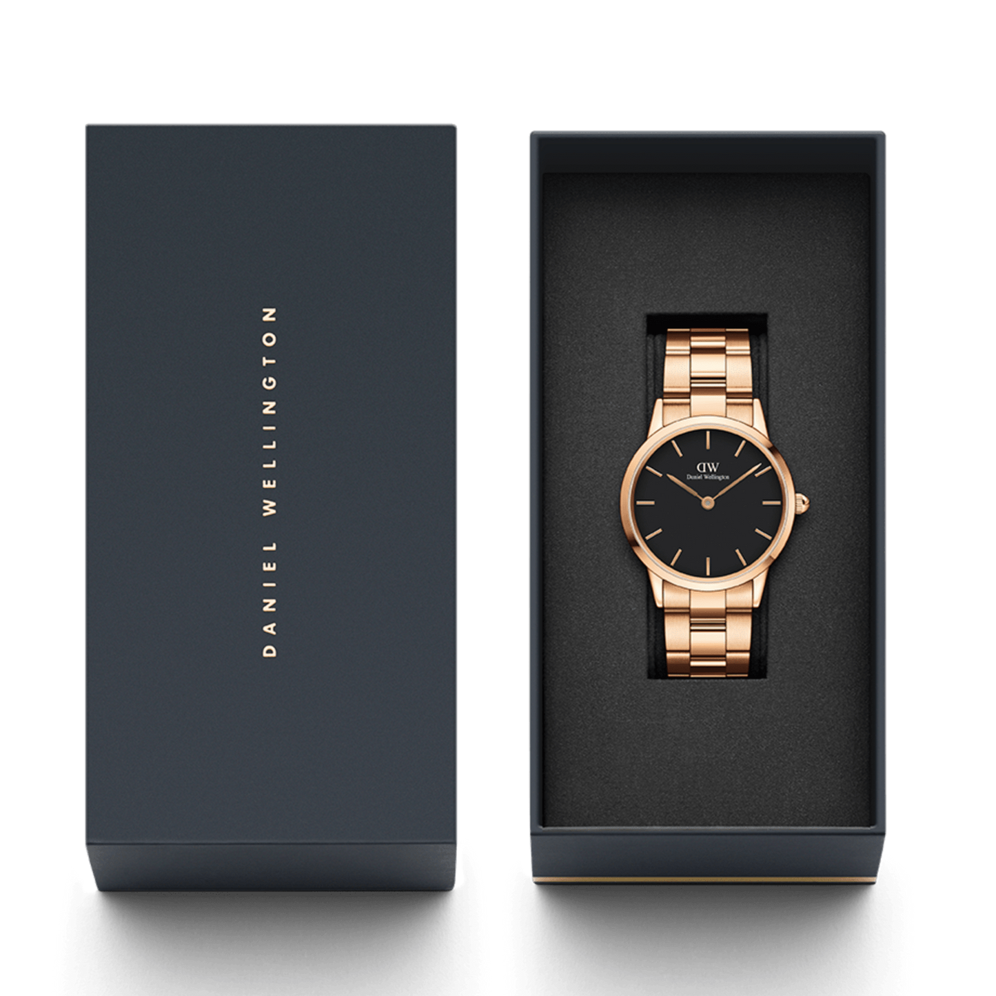 Daniel Wellington Iconic Link Black Dial Rose Gold Steel Strap Watch For Men - DW00100344