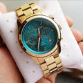 Michael Kors Runway Hunger Stop100 Series Blue Dial Gold Steel Strap Watch for Women - MK5815