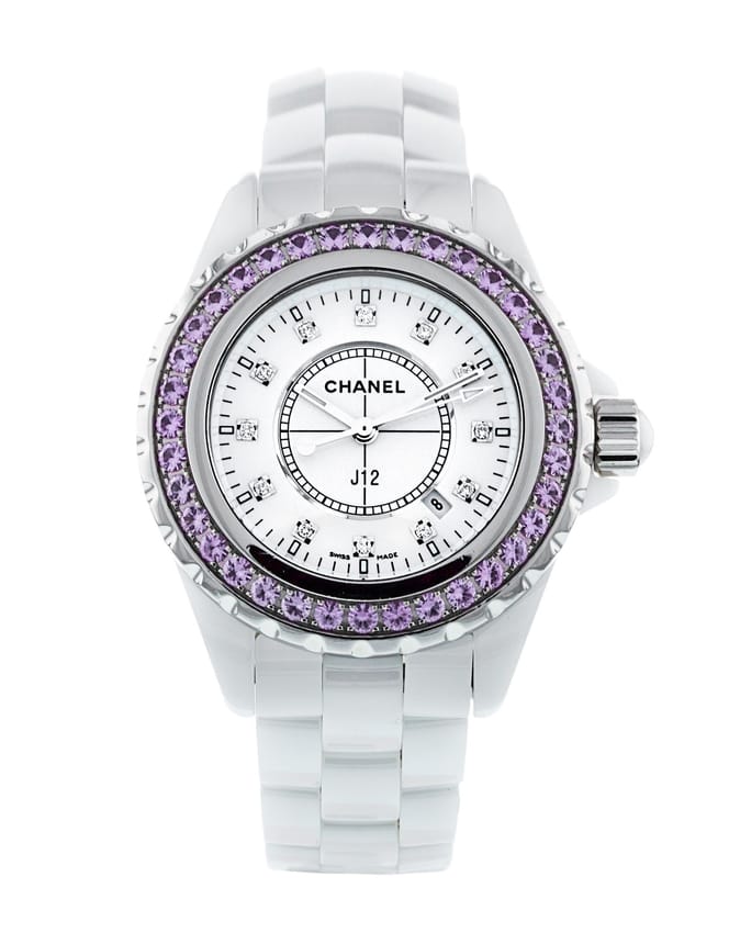 Chanel J12 Sapphire Bezel Ceramic White Dial White Steel Strap Watch for Women - J12 H2010