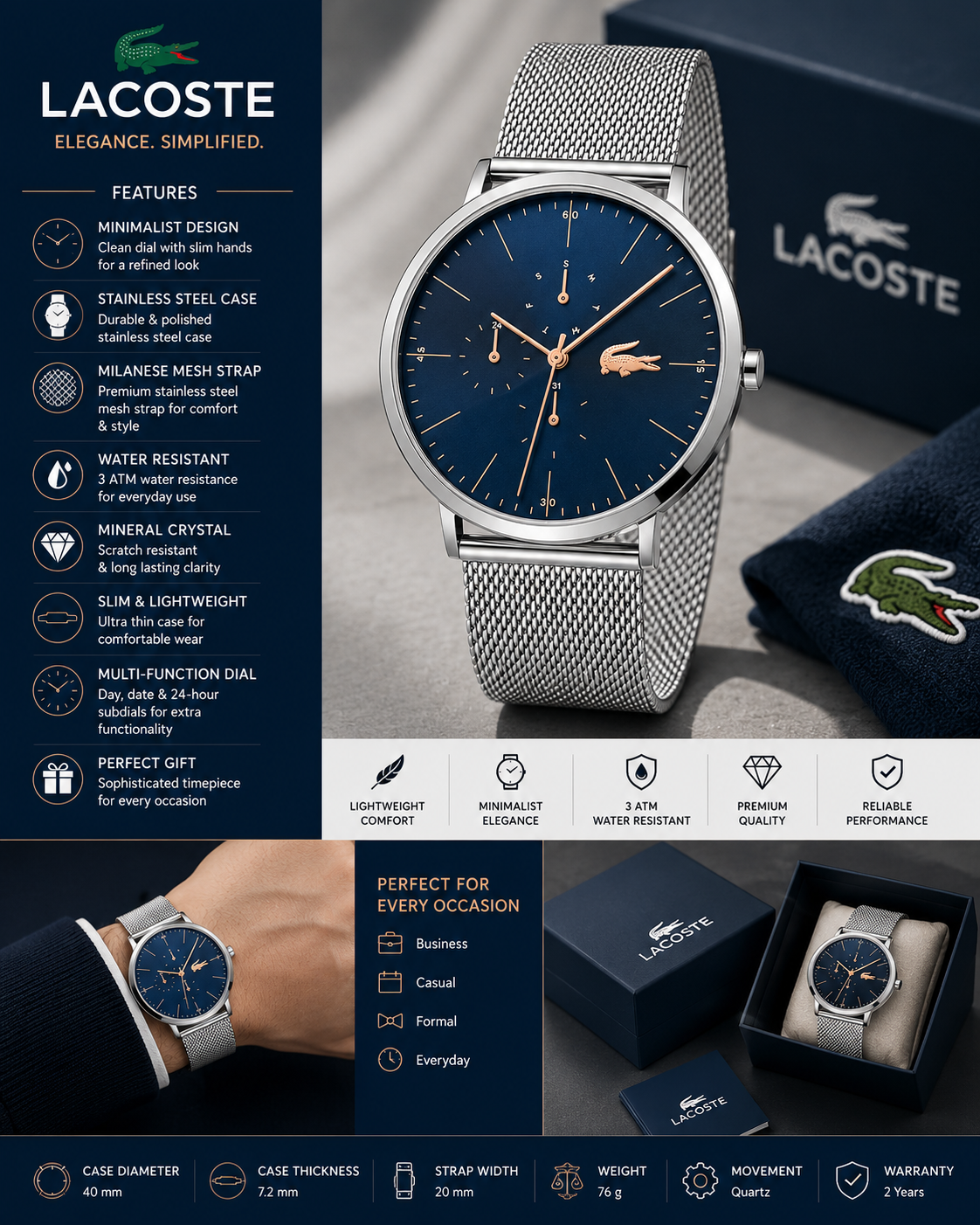 Lacoste Moon Multifunction Blue Dial Silver Mesh Strap Watch for Men - 2011024