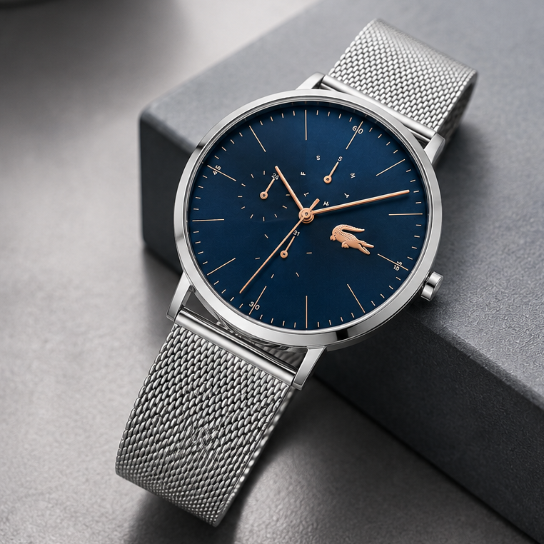 Lacoste Moon Multifunction Blue Dial Silver Mesh Strap Watch for Men - 2011024