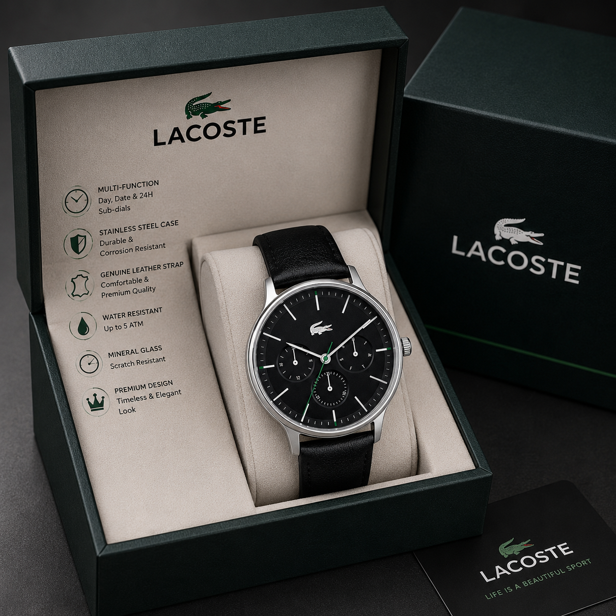 Lacoste Club Multidial Black Dial Black Leather Strap Watch for Men - 2011226