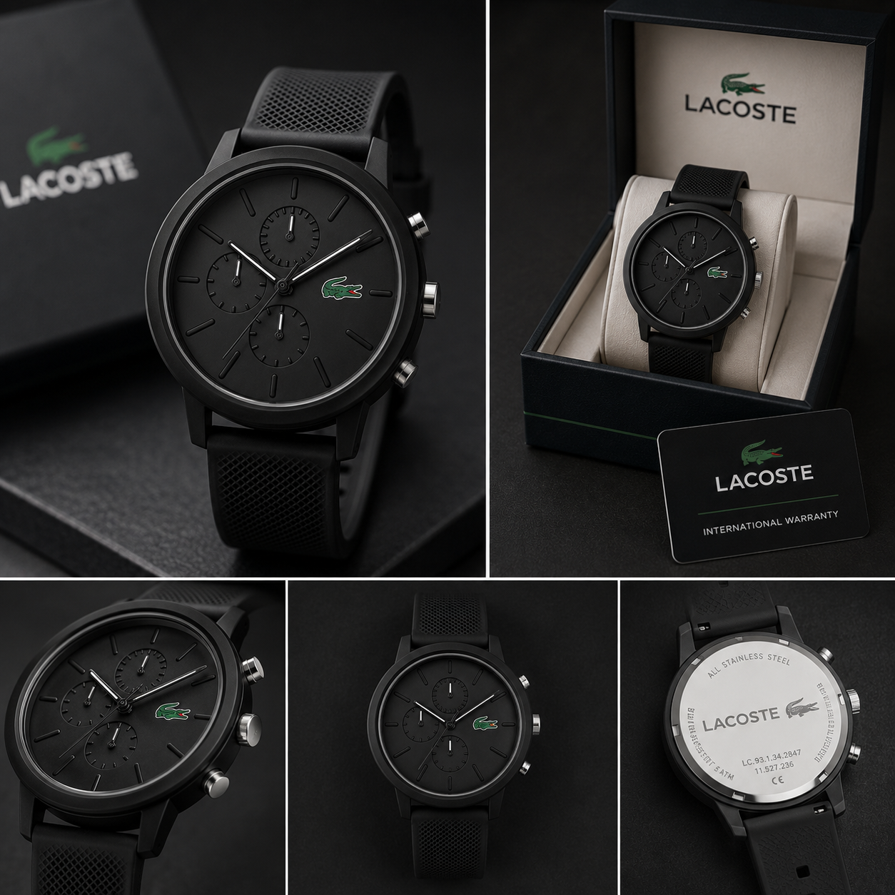 Lacoste 12.12 Chronograph Black Dial Black Silicon Strap Watch for Men - 2011243