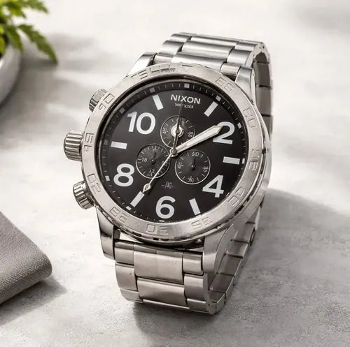 Nixon 51-30 Chrono Black Dial Silver Steel Strap Watch for Men - A083-000