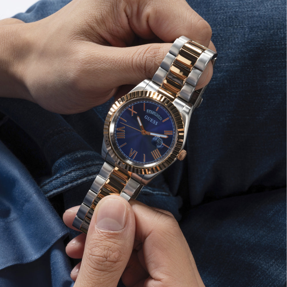 Guess Quartz Blue Dial Two Tone Steel Strap Watch For Men - GW0265G12