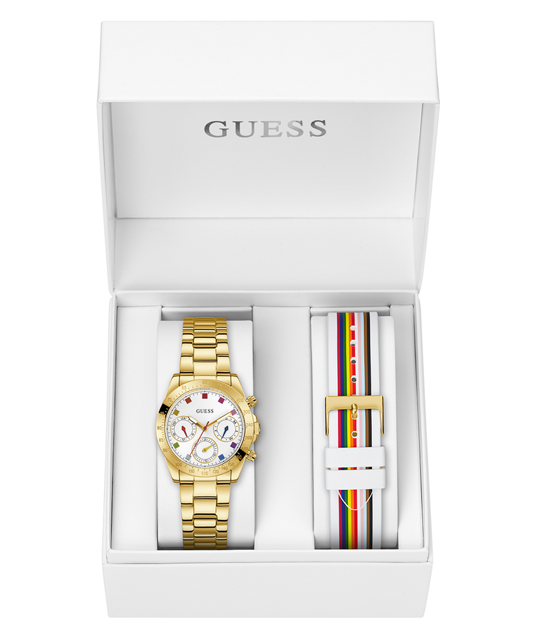 Guess Exclusive Multi Color White Dial Gold Steel Strap Watch for Women - GW0457L1