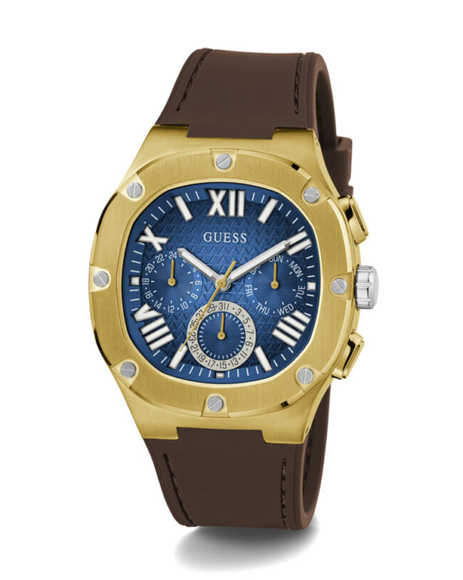 Guess Headline Chronograph Blue Dial Brown Silicone Strap Watch For Men - GW0571G5