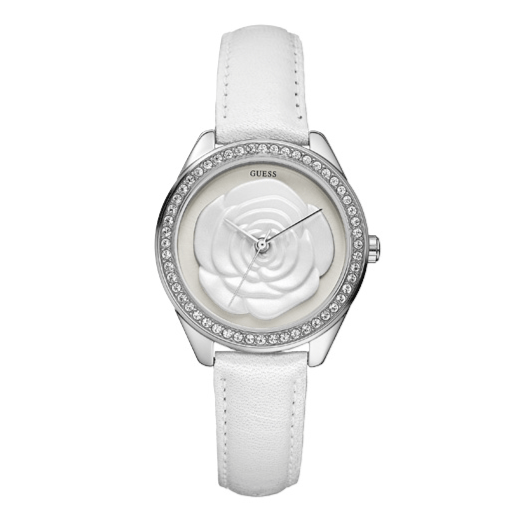 Guess Rosette Analog White Dial White Leather Strap Watch For Women - W75043L1