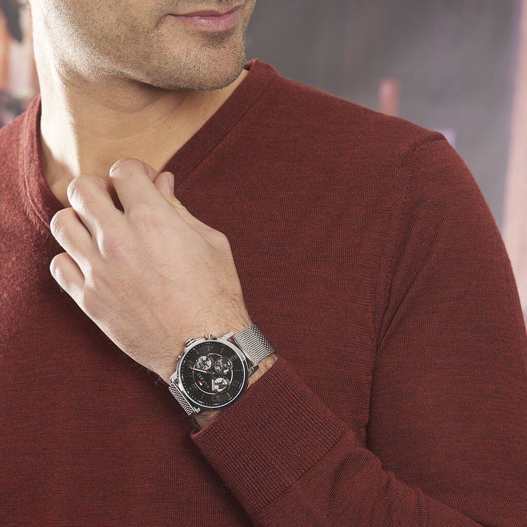 Tommy Hilfiger Chronograph Black Dial Silver Mesh Bracelet Watch for Men - 1791292