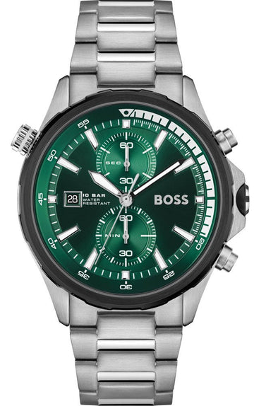 Hugo Boss Globetrotter Green Dial Silver Steel Strap Watch for Men - 1513930