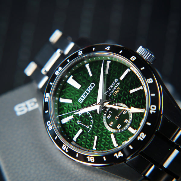 Seiko Presage Sharp Edged Series GMT Green Dial Silver Steel Strap Watch For Men - SPB219J1