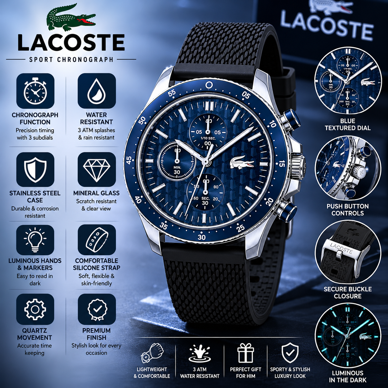 Lacoste Neoheritage Chronograph Blue Dial Black Silicone Strap Watch for Men - 2011252