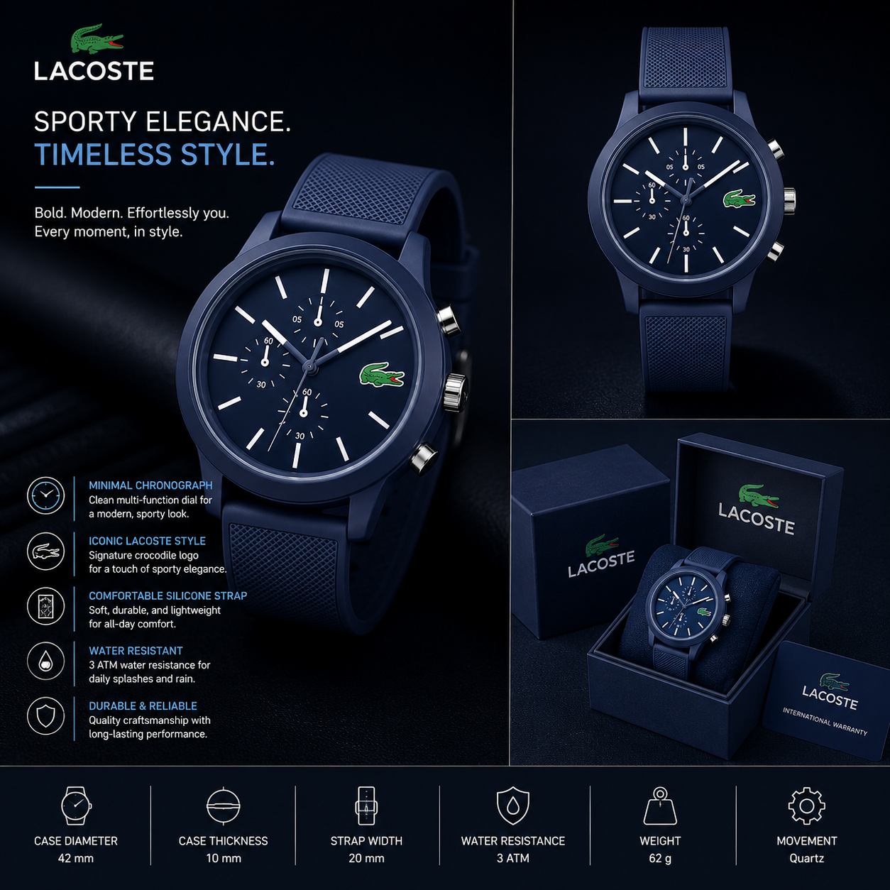 Lacoste 12.12 Chronograph Blue Dial Blue Silicon Strap Watch for Men - 2010970