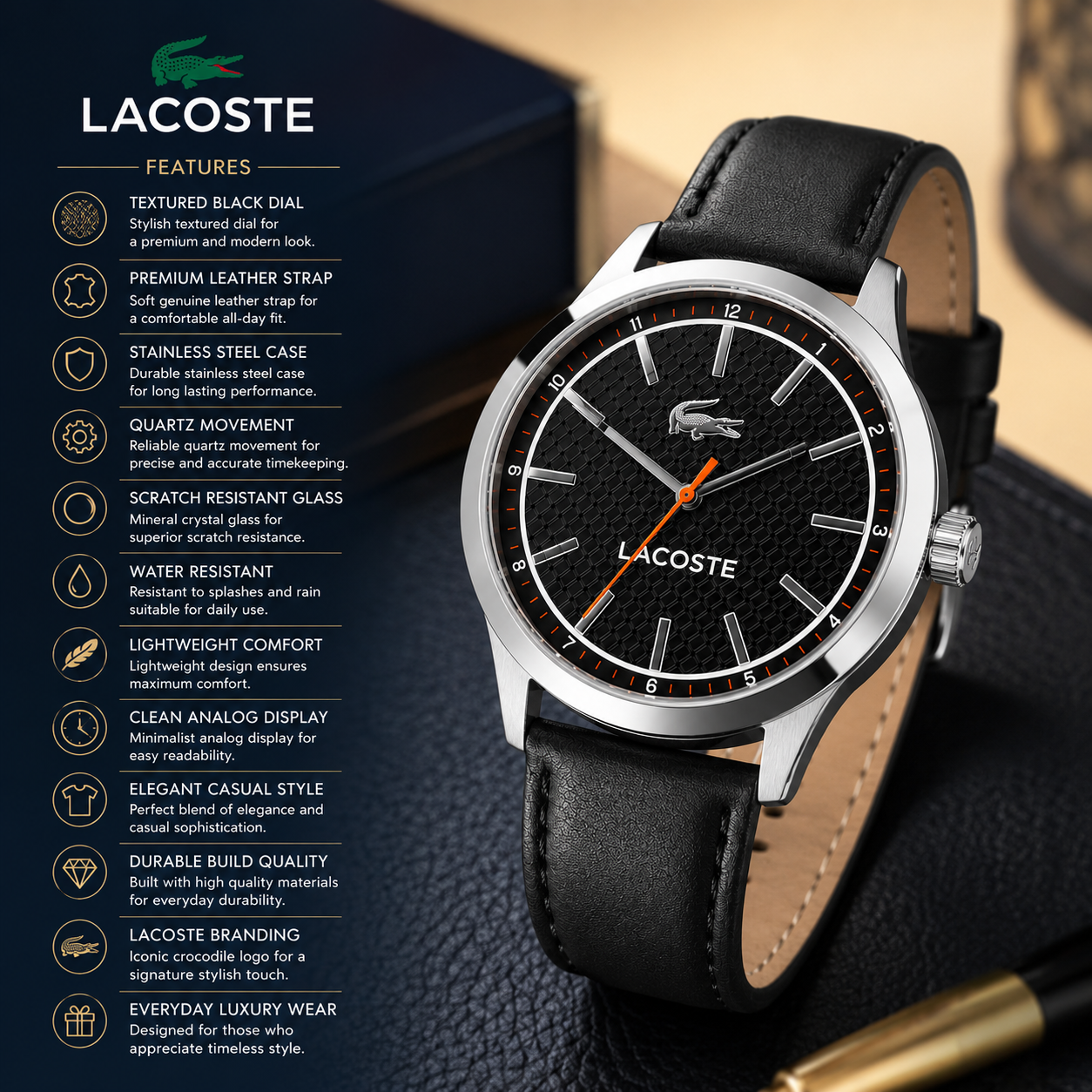 Lacoste Edmonton Black Dial Black Leather Strap Watch for Men - 2010888