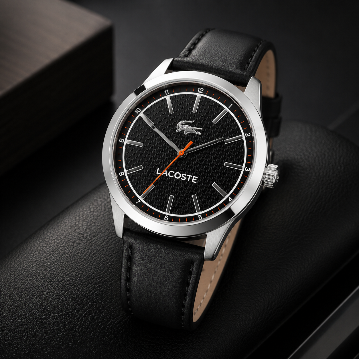 Lacoste Edmonton Black Dial Black Leather Strap Watch for Men - 2010888