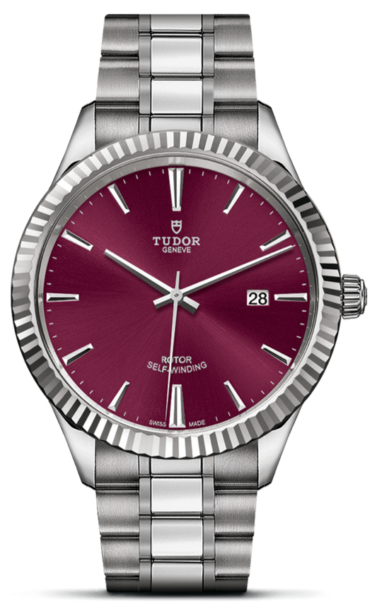 Tudor Style Automatic Burgundy Red Dial Silver Steel Strap Watch for Men - M12710-0015
