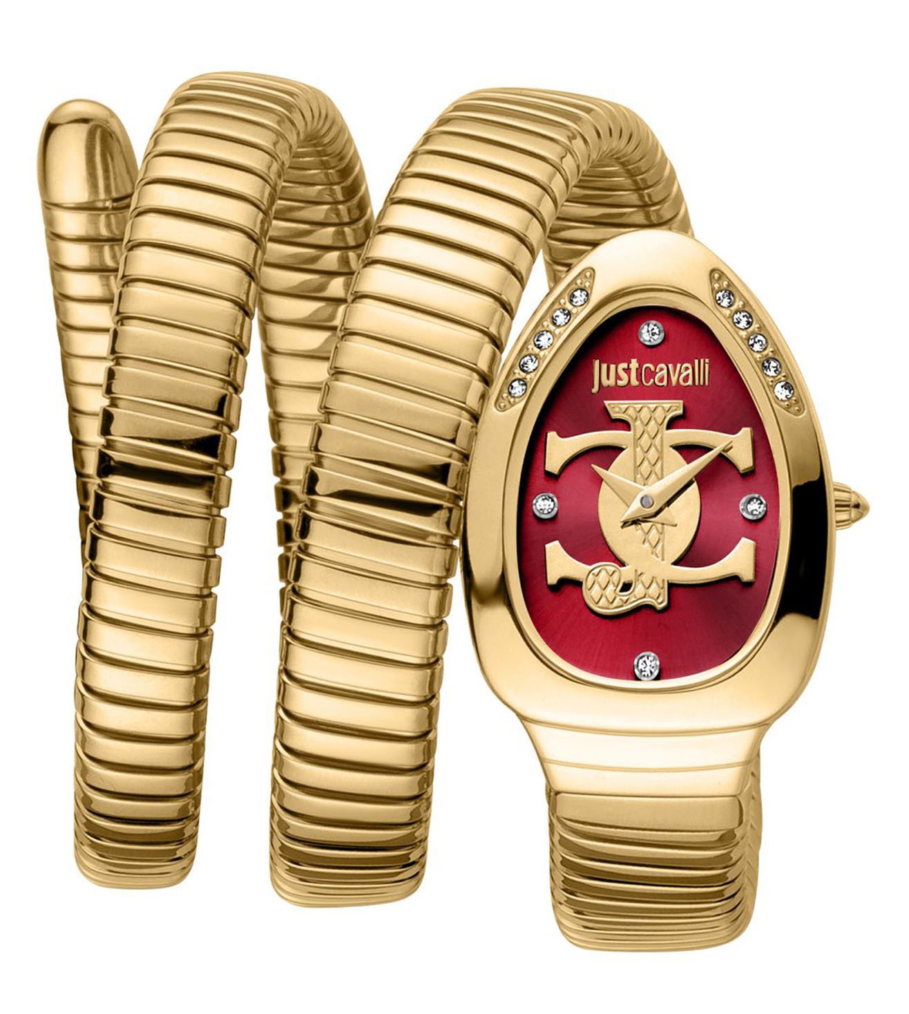 Just Cavalli Glam Evo 5 Red Dial Gold Steel Strap Watch for Women - JC1L228M0045