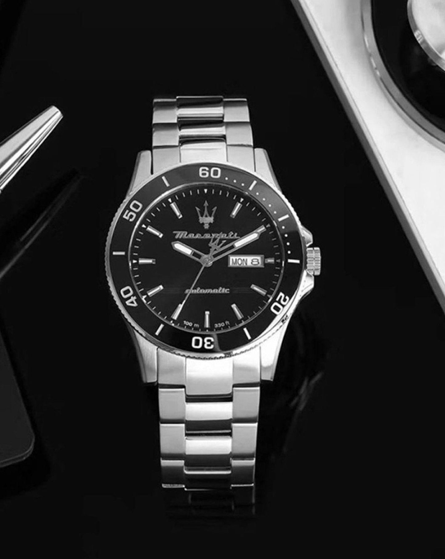 Maserati Competizione Automatic Black Dial Silver Steel Strap Watch For Men - R8823100002