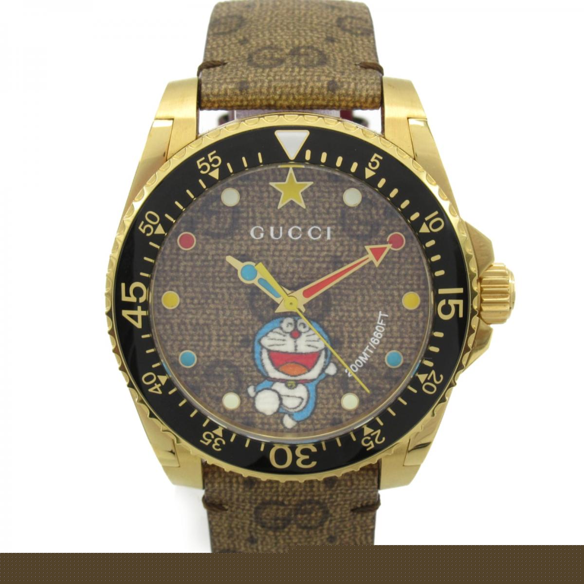 Gucci Dive Doraemon Quartz Brown Dial Brown Leather Strap Watch For Men - YA136335