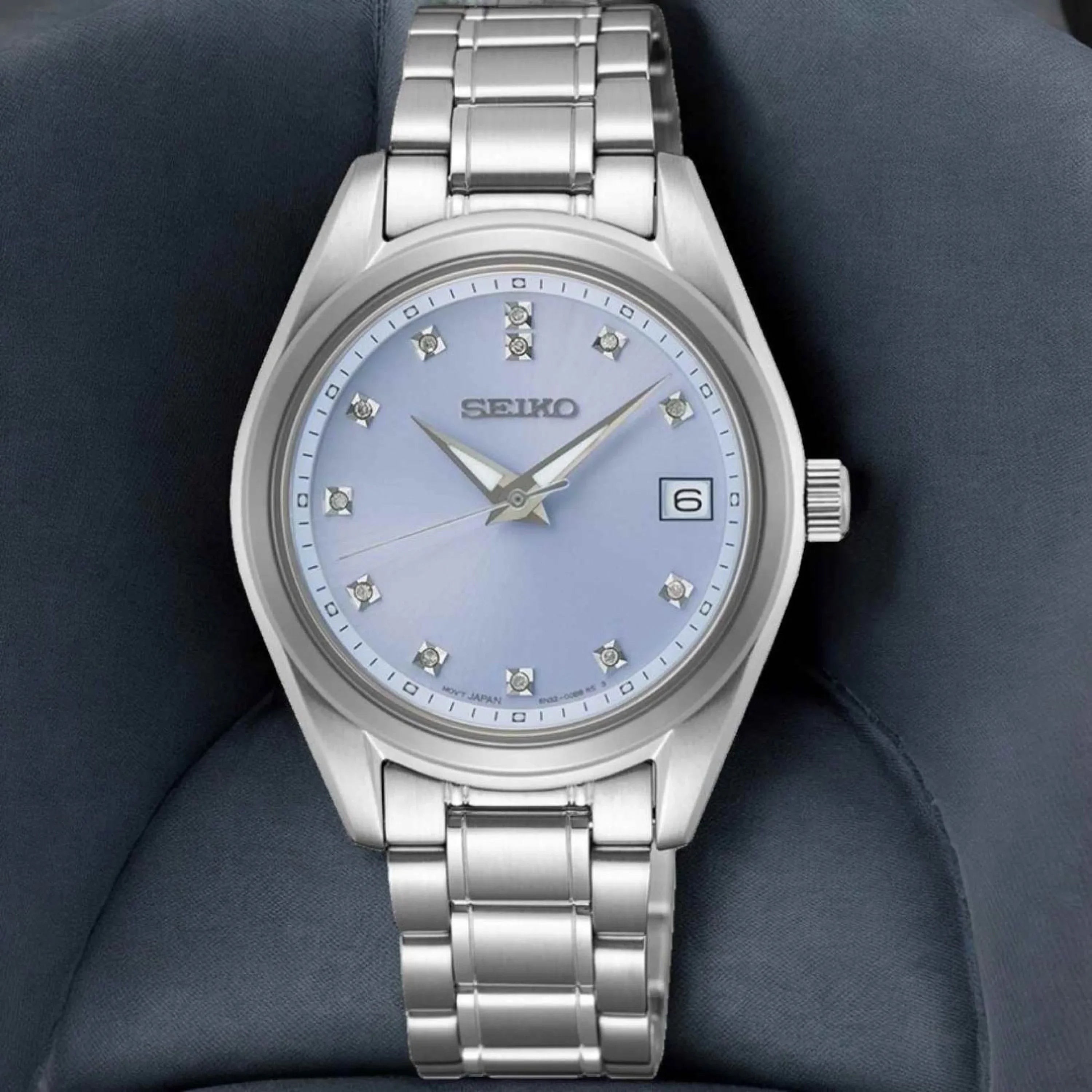 Seiko Diamond Blue Dial Silver Steel Strap Watch for Women - SUR581P1