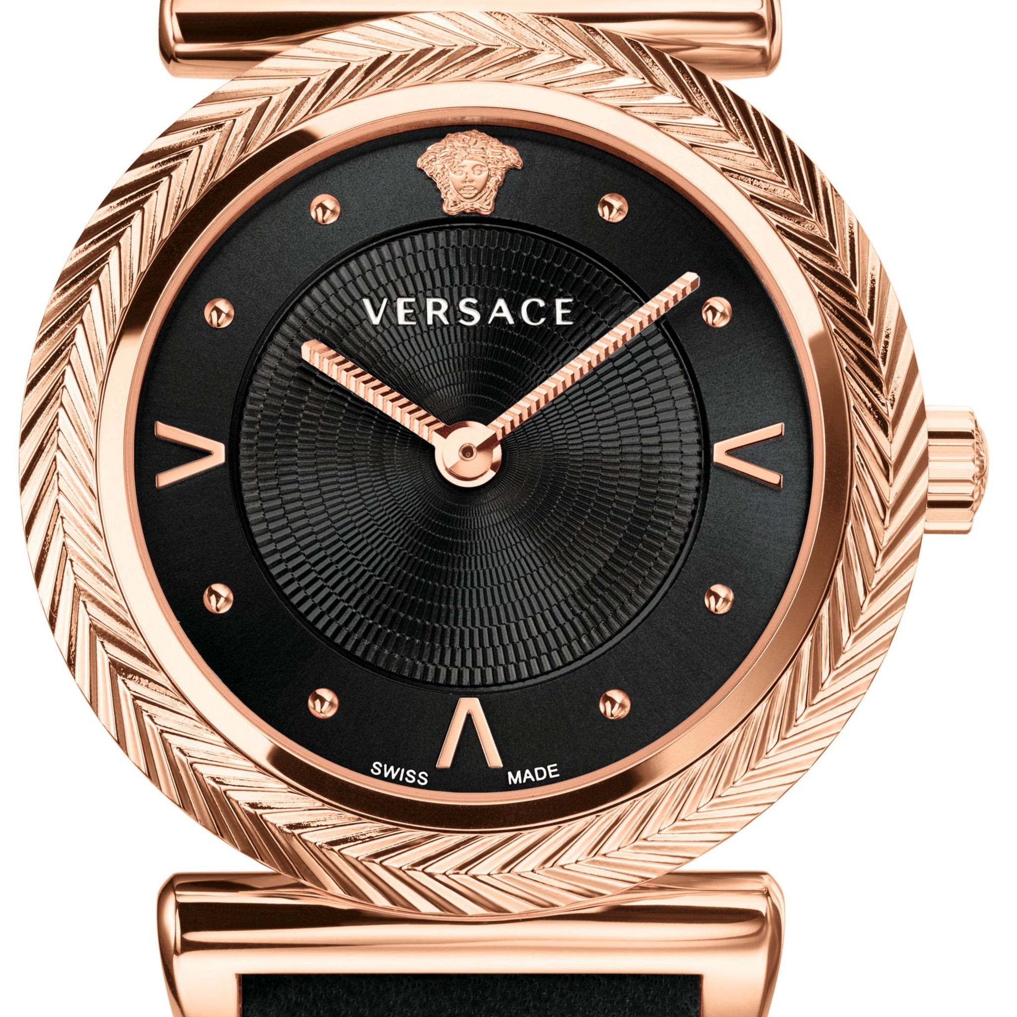 Versace V-Motif Vintage Logo Black Dial Black Leather Strap Watch for Women - VERE00818