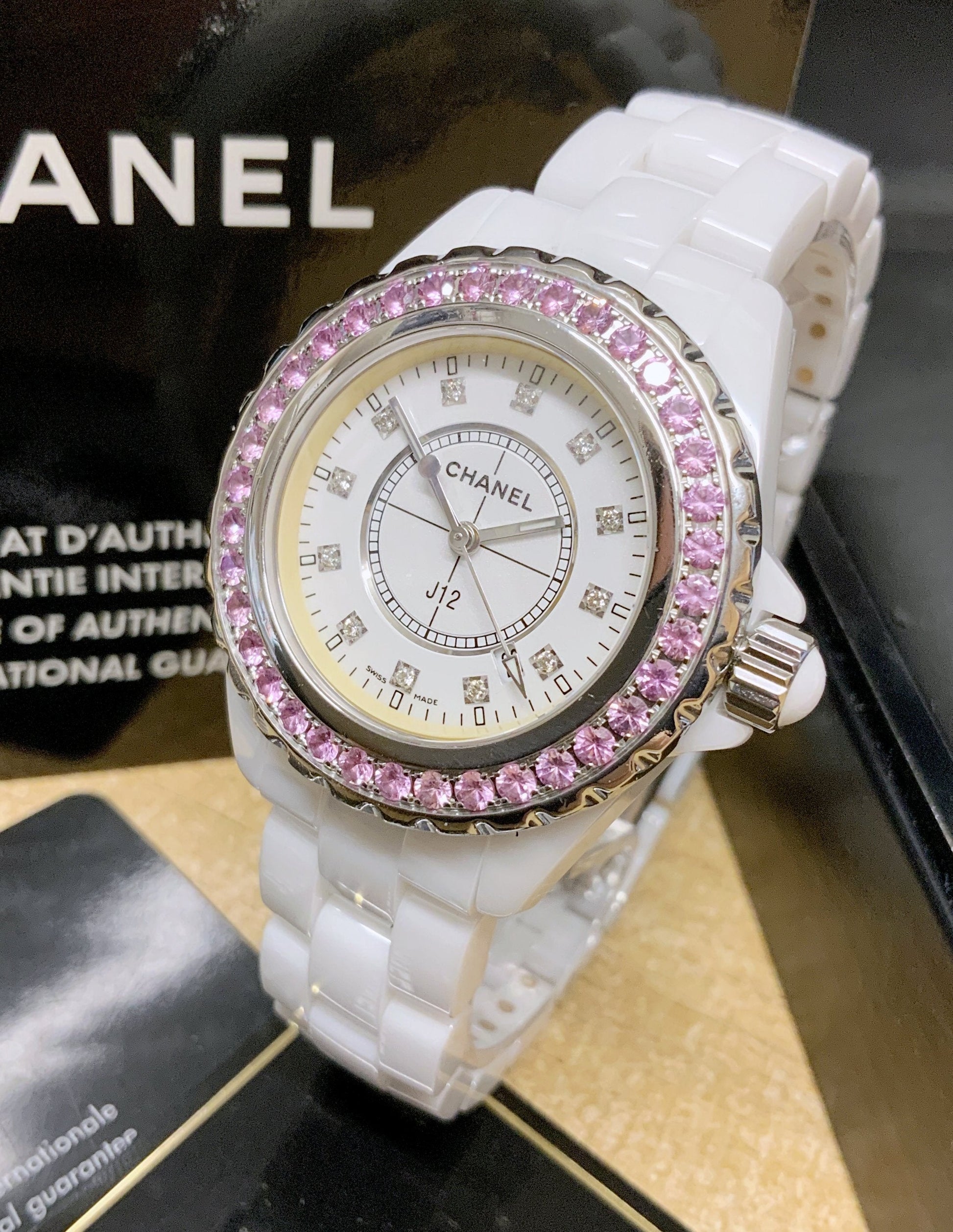 Chanel J12 Sapphire Bezel Ceramic White Dial White Steel Strap Watch for Women - J12 H2010