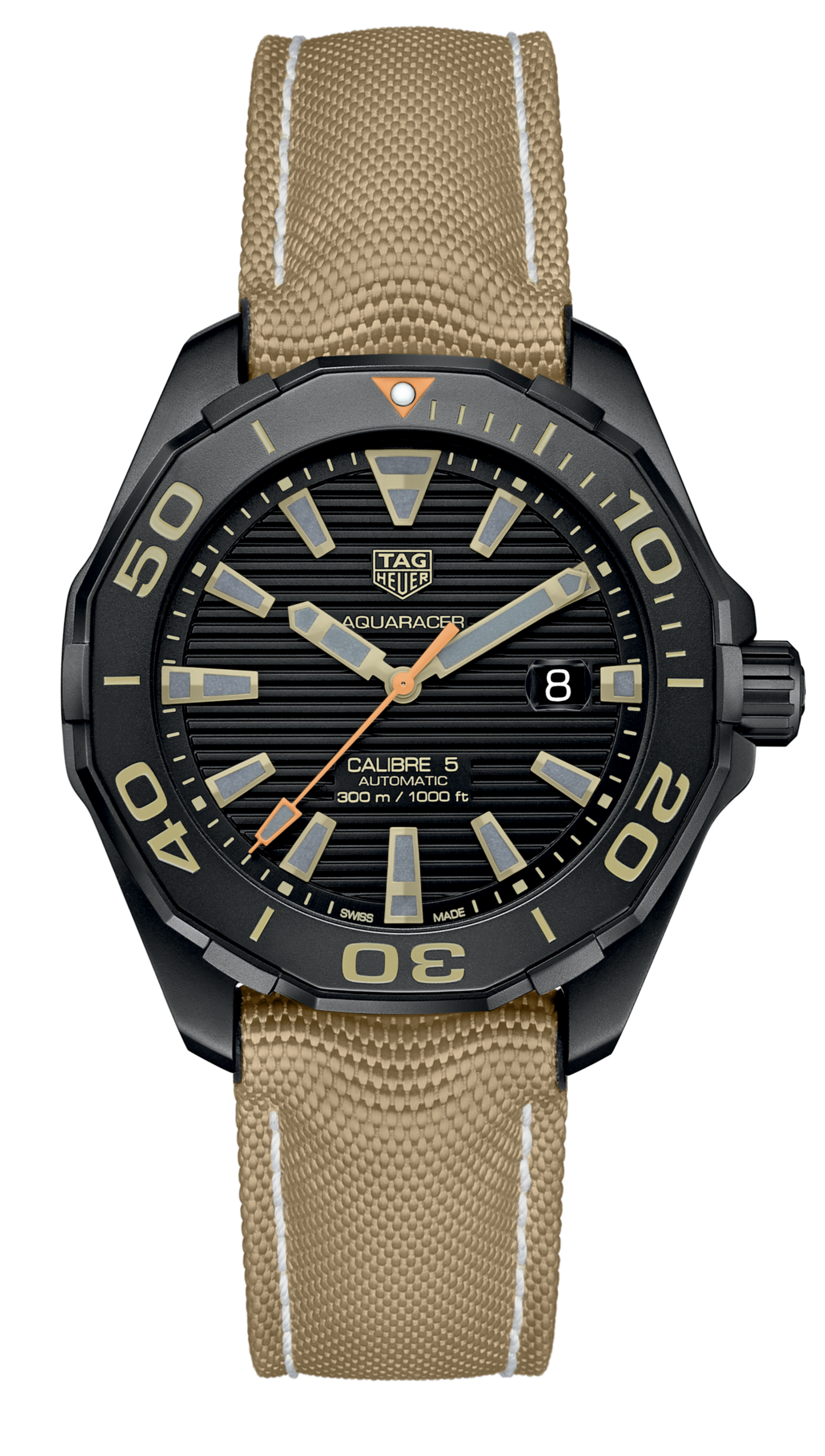 Tag Heuer Aquaracer 300 Calibre 5 Automatic Black Dial Brown Nylon Strap Watch for Men - WAY208C.FC6383