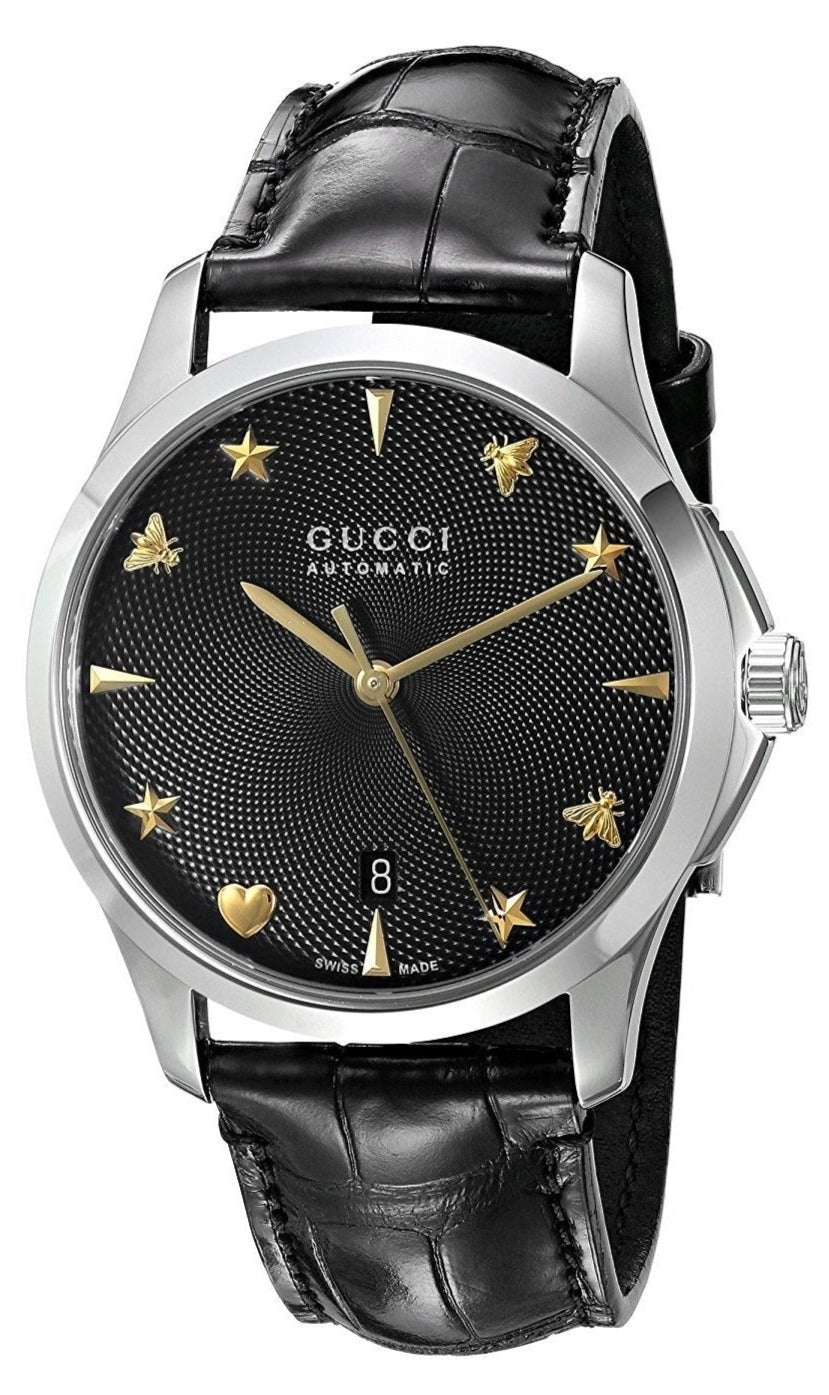 Gucci G Timeless Automatic Black Dial Black Leather Strap Watch For Women - YA126469