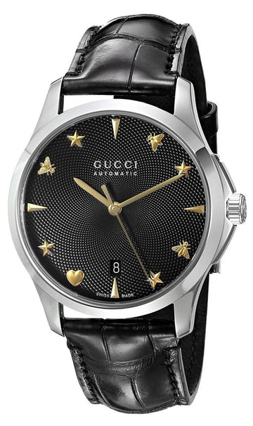 Gucci G Timeless Automatic Black Dial Black Leather Strap Watch For Women - YA126469
