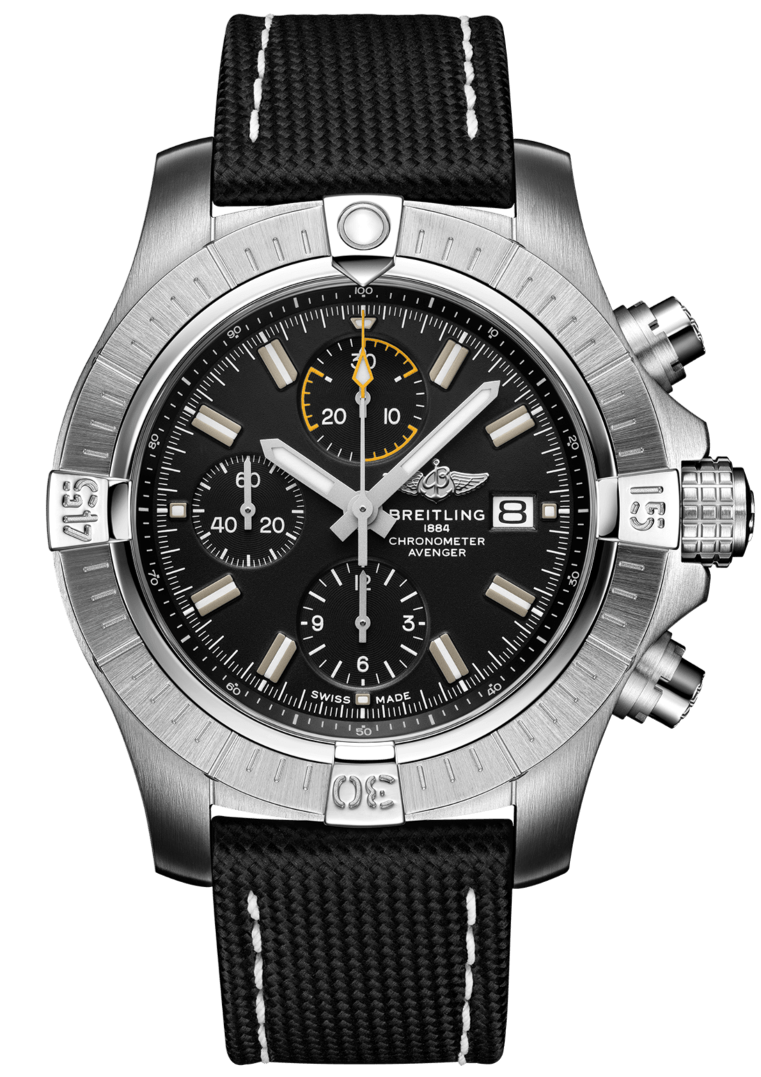 Breitling Avenger Chronograph 45mm Black Dial Black Leather Strap Watch for Men - A13317101B1X1