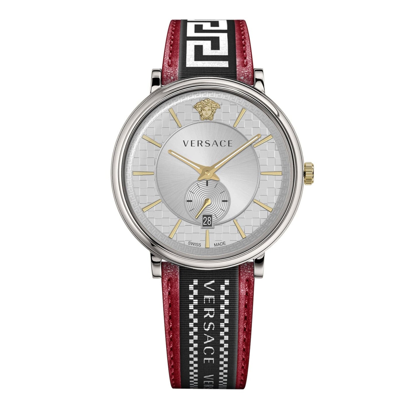 Versace V Circle Silver Dial Two Tone Leather Strap Watch for Men - VEBQ01319