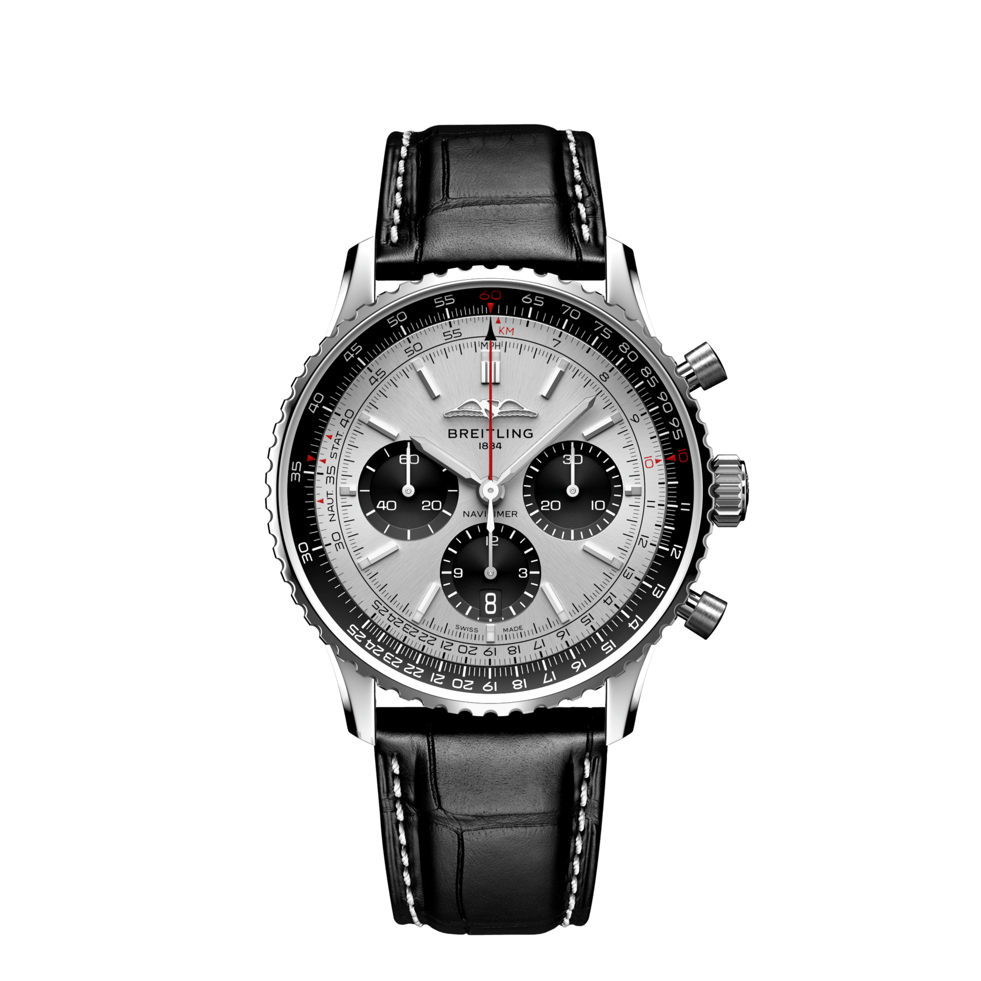 Breitling Navitimer B01 Chronograph 43 Silver Dial Black Leather Strap Watch for Men - AB0138241G1P1